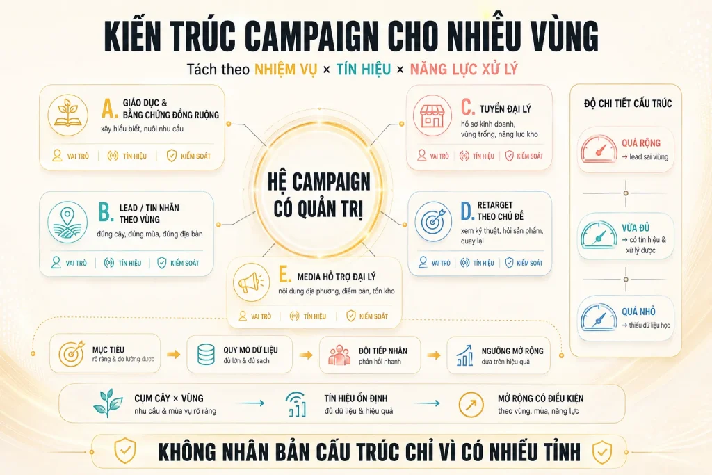 Năm nhiệm vụ campaign gồm giáo dục bằng chứng, lead theo vùng, tuyển đại lý, retarget theo chủ đề và media hỗ trợ đại lý