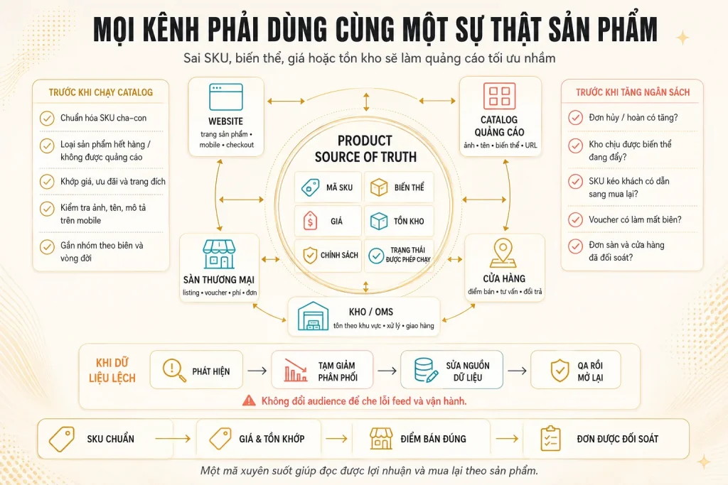 Website, catalog quảng cáo, sàn thương mại, cửa hàng và kho dùng chung mã SKU, biến thể, giá, tồn kho và chính sách