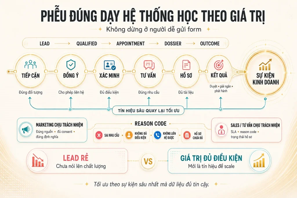 Hành trình từ tiếp cận, đồng ý, xác minh, tư vấn, hồ sơ đến kết quả cùng vòng phản hồi tín hiệu sâu cho tối ưu