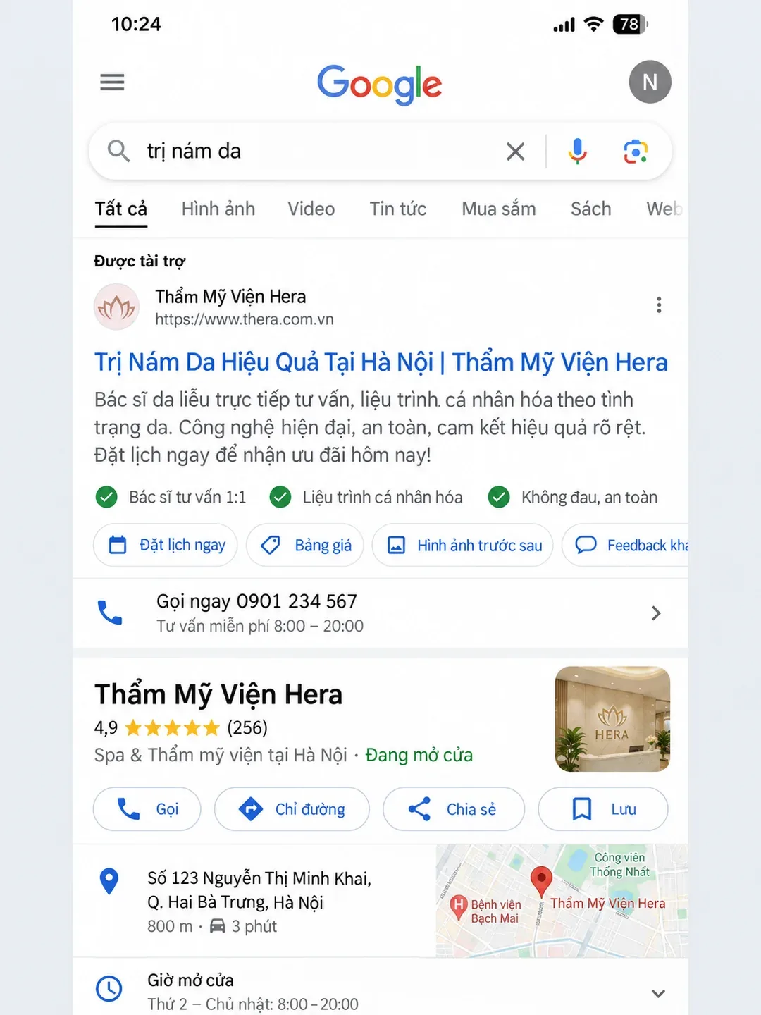 Mẫu quảng cáo Google Ads tìm kiếm và Google Maps định vị chi nhánh thẩm mỹ