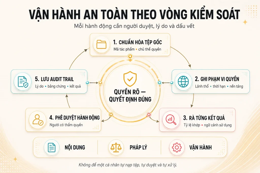 Quy trình năm bước chuẩn hóa tệp gốc, ghi phạm vi quyền, rà kết quả, phê duyệt hành động và lưu audit trail