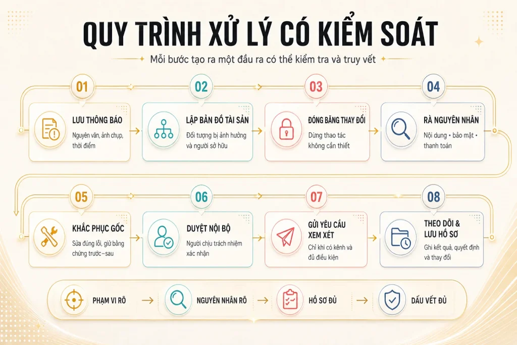 Timeline tám bước từ lưu thông báo, lập bản đồ tài sản, rà nguyên nhân, khắc phục đến gửi yêu cầu và lưu hồ sơ