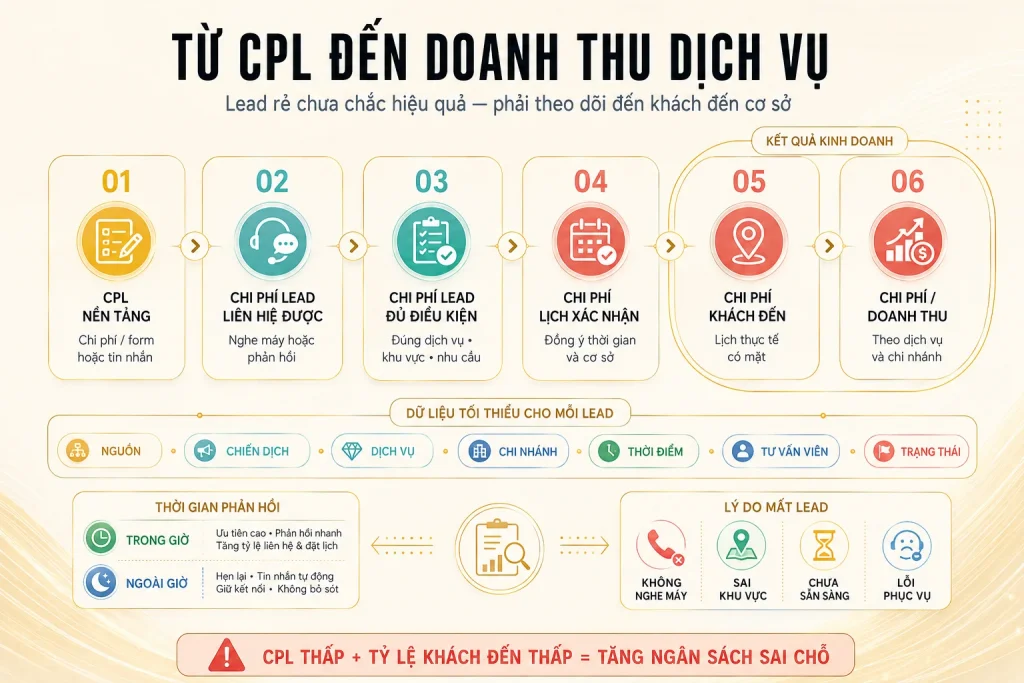 Chuỗi sáu cấp chi phí từ CPL nền tảng đến lead liên hệ được, lead đủ điều kiện, lịch, khách đến và doanh thu