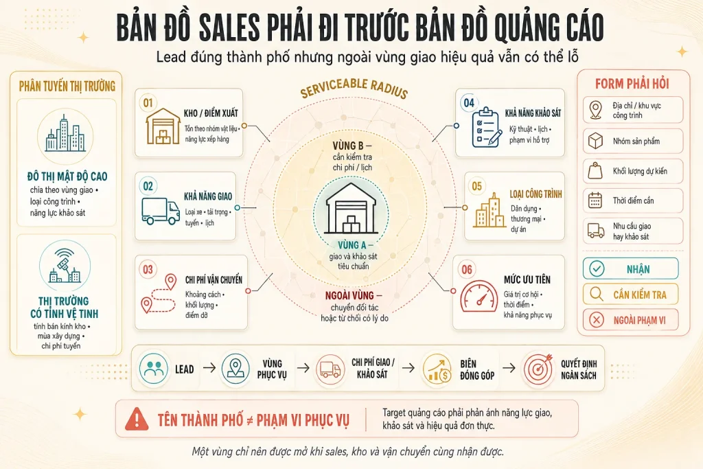 Bản đồ vùng phục vụ theo kho, khả năng giao, chi phí vận chuyển, khảo sát, loại công trình và mức ưu tiên cùng kết quả nhận hoặc kiểm tra