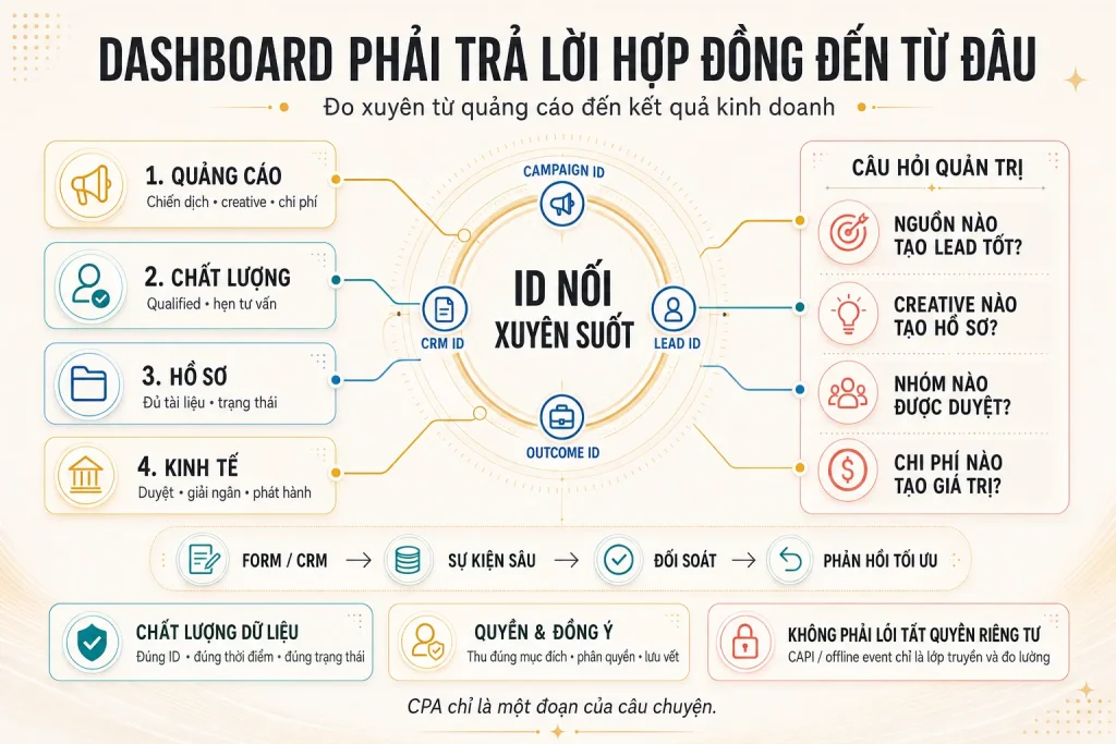 Bốn lớp dữ liệu quảng cáo, chất lượng, hồ sơ và kinh tế nối bằng campaign ID, lead ID, CRM ID và outcome ID