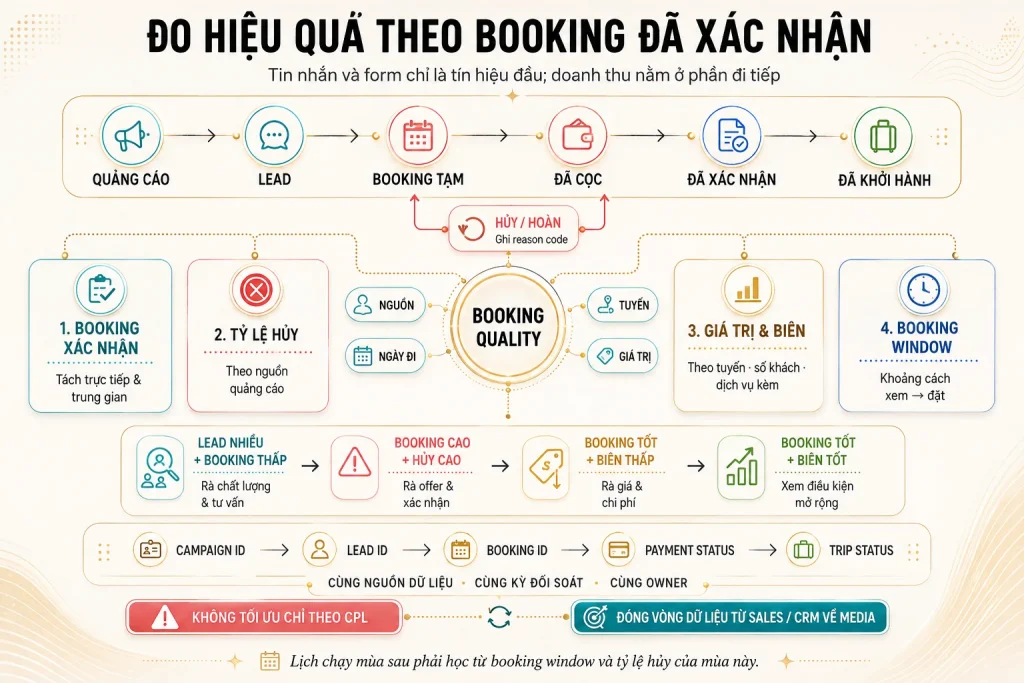 Chuỗi dữ liệu từ quảng cáo đến lead, booking tạm, cọc, xác nhận, khởi hành cùng tỷ lệ hủy, biên và booking window