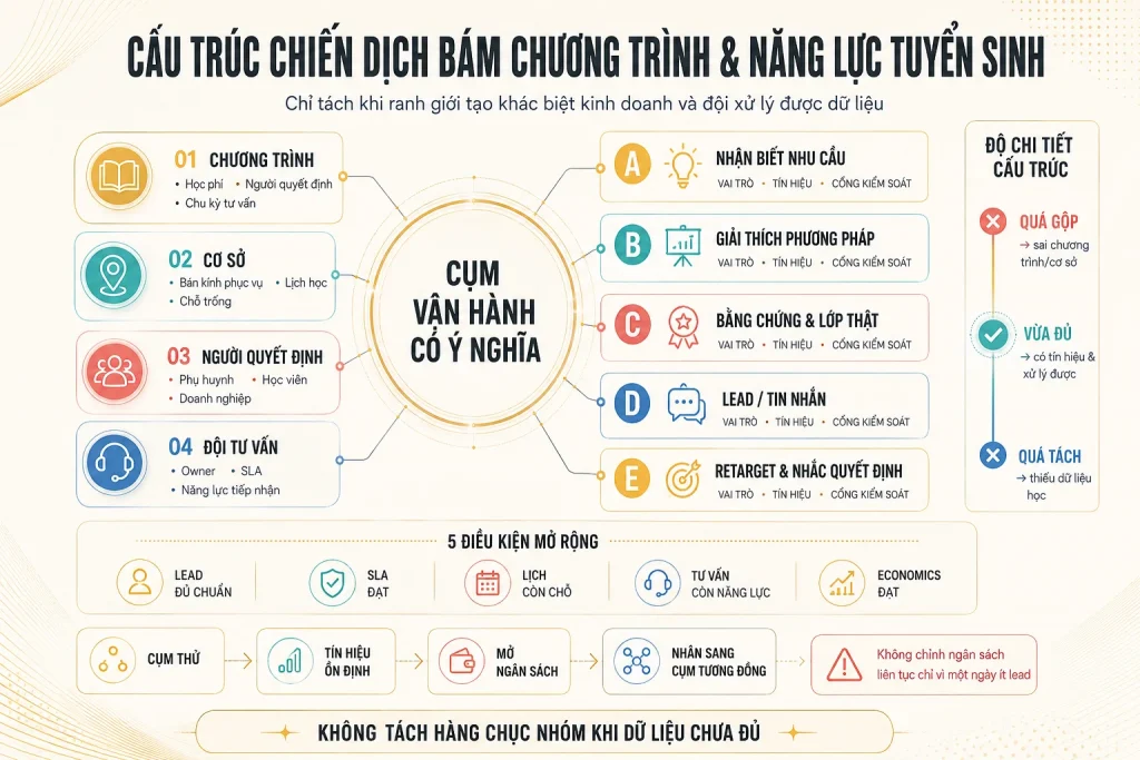 Cấu trúc chiến dịch theo chương trình, cơ sở, người quyết định và đội tư vấn với năm lớp campaign và năm điều kiện mở rộng