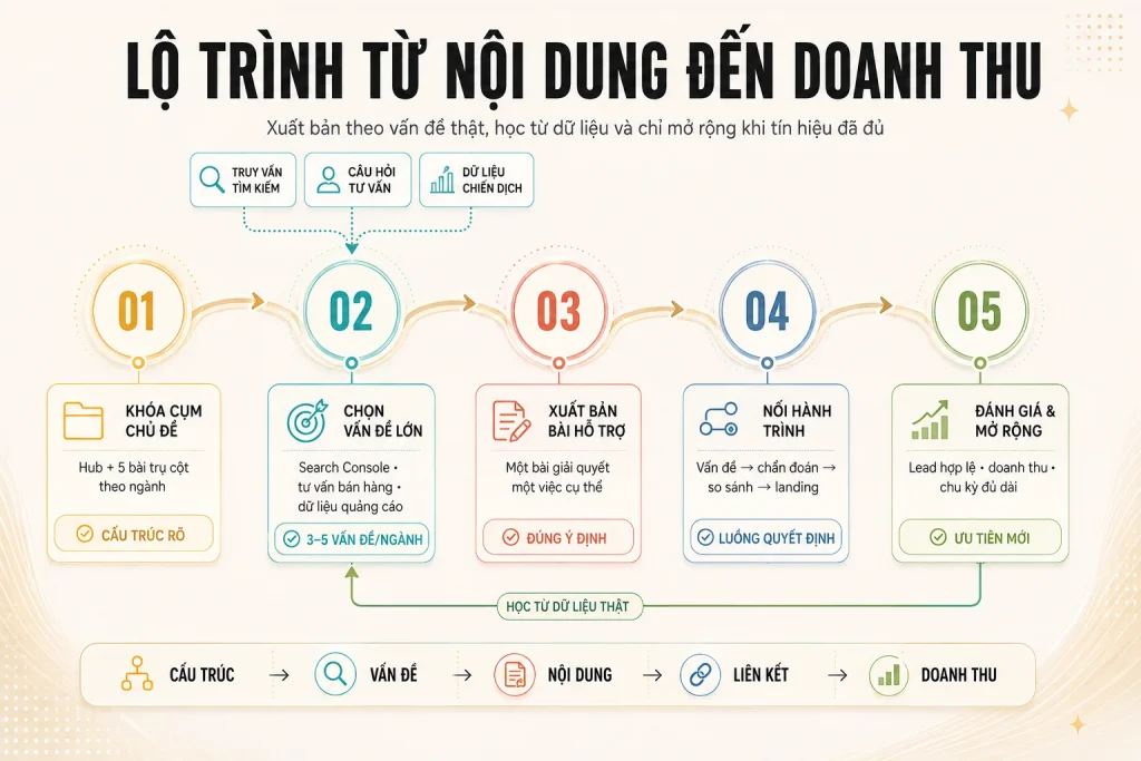 Lộ trình năm bước từ khóa cụm chủ đề, chọn vấn đề, xuất bản bài hỗ trợ, nối hành trình đến đánh giá và mở rộng