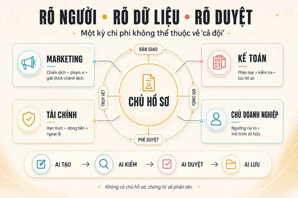 Sơ đồ trách nhiệm giữa marketing, kế toán, tài chính và chủ doanh nghiệp quanh một chủ hồ sơ