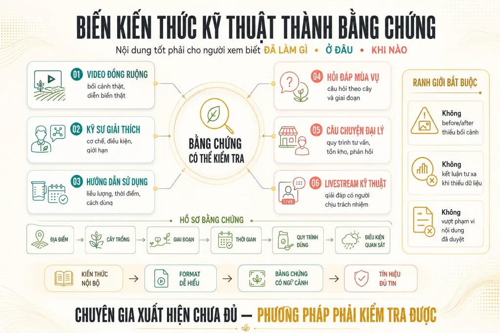 Sáu định dạng nội dung kỹ thuật cùng hồ sơ bằng chứng về địa điểm, cây trồng, giai đoạn, thời gian, quy trình và điều kiện quan sát