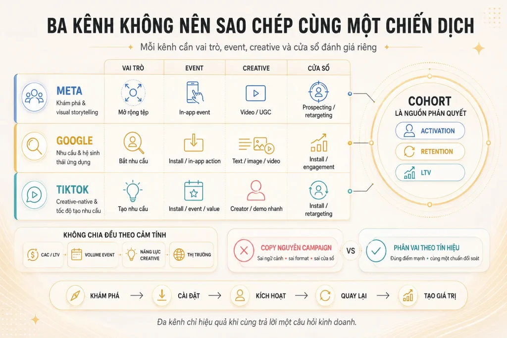 Ma trận ba kênh theo vai trò, event, creative và cửa sổ đánh giá cùng cohort activation, retention và LTV