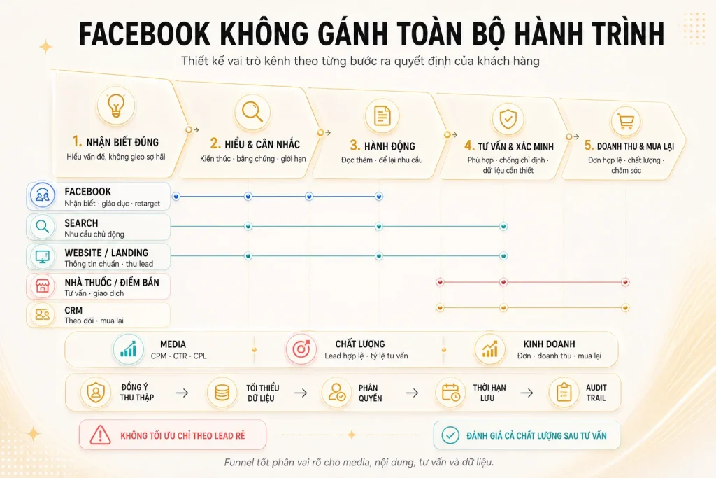Năm giai đoạn hành trình khách hàng, vai trò của Facebook, Search, website, điểm bán và CRM cùng ba lớp đo lường