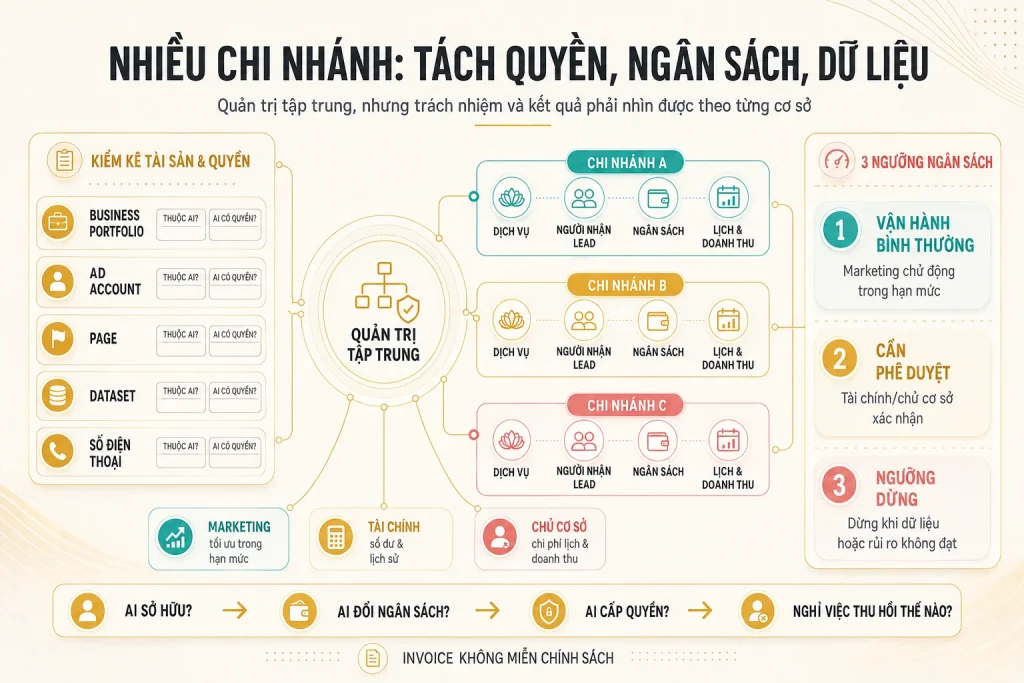 Kiến trúc quản trị tập trung với kiểm kê tài sản, ba nhánh cơ sở, ba ngưỡng ngân sách và vai trò chịu trách nhiệm