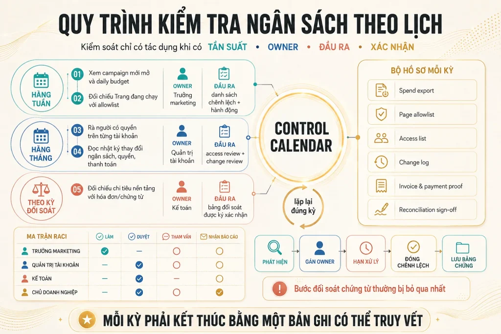 Lịch kiểm tra hằng tuần, hằng tháng và theo kỳ đối soát với owner, đầu ra, ma trận RACI và bộ hồ sơ truy vết