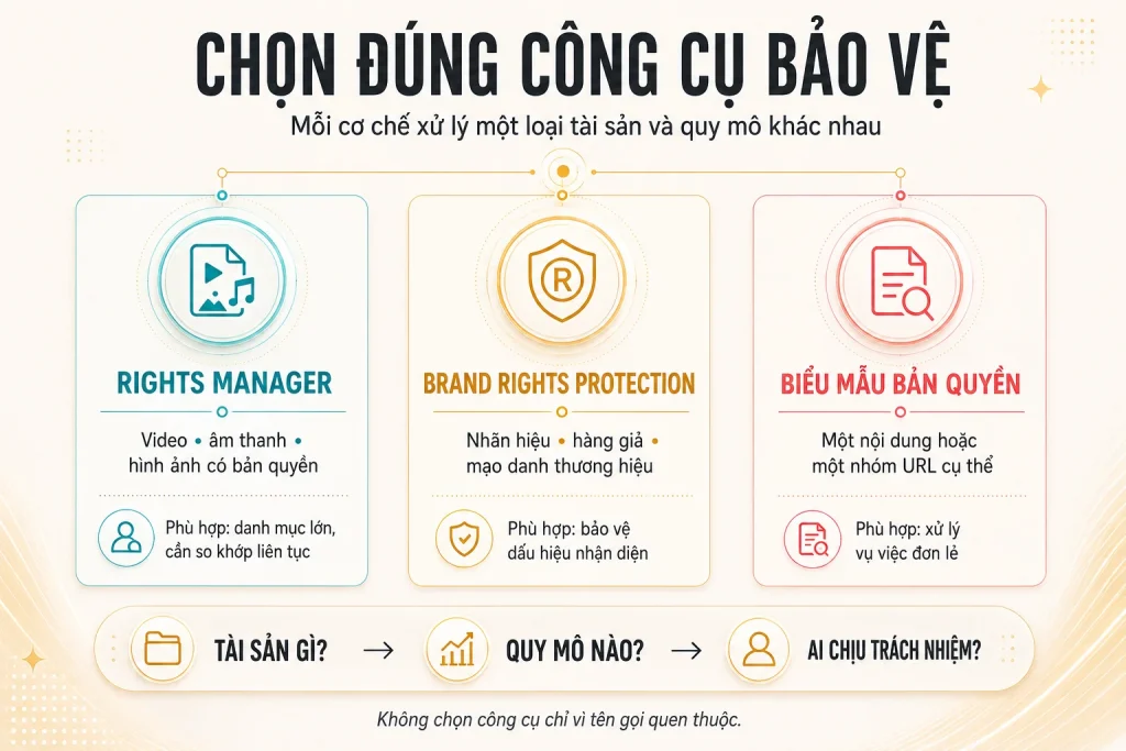 So sánh Rights Manager, Brand Rights Protection và biểu mẫu bản quyền theo loại tài sản và quy mô xử lý