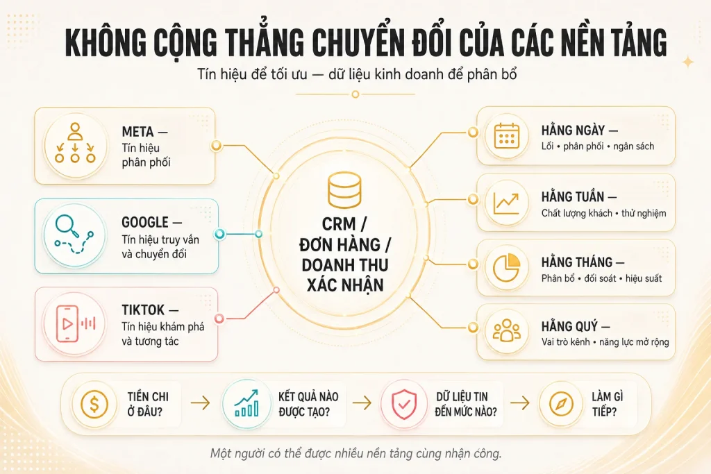 Sơ đồ tín hiệu từ Meta Google TikTok quy về CRM đơn hàng và doanh thu xác nhận rồi ra quyết định hằng ngày tuần tháng quý
