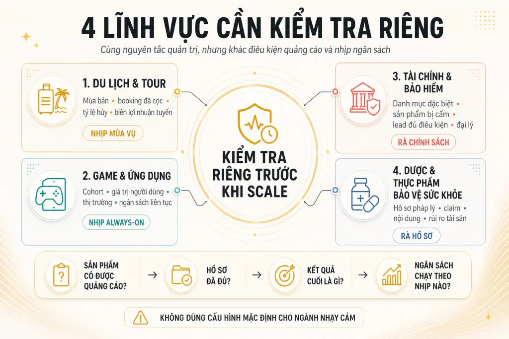 Sơ đồ du lịch, game và ứng dụng, tài chính và bảo hiểm, dược và thực phẩm bảo vệ sức khỏe với điểm kiểm tra riêng
