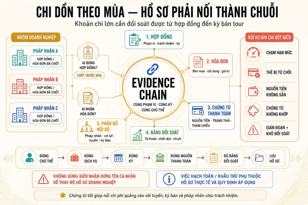 Chuỗi hợp đồng, hóa đơn, chứng từ thanh toán, bảng đối soát và phân bổ nội bộ cùng rủi ro khi chi đột biến