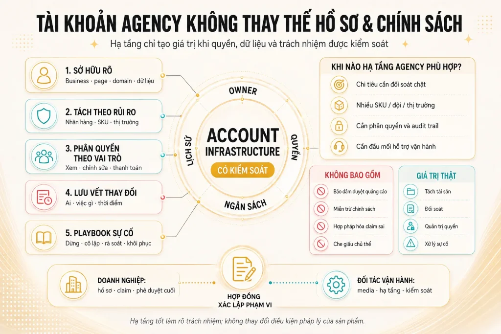 Năm trụ quản trị tài khoản Agency, điều kiện phù hợp, giá trị thật, giới hạn và phân chia trách nhiệm theo hợp đồng