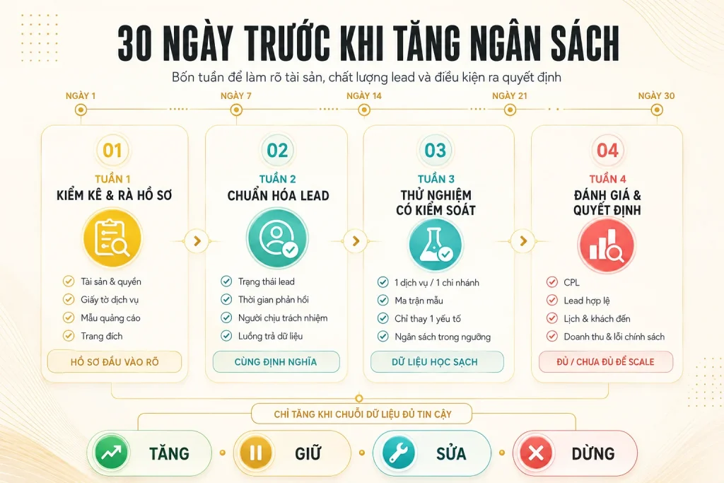 Timeline bốn tuần kiểm kê, chuẩn hóa lead, thử nghiệm có kiểm soát, đánh giá và quyết định tăng giữ sửa dừng