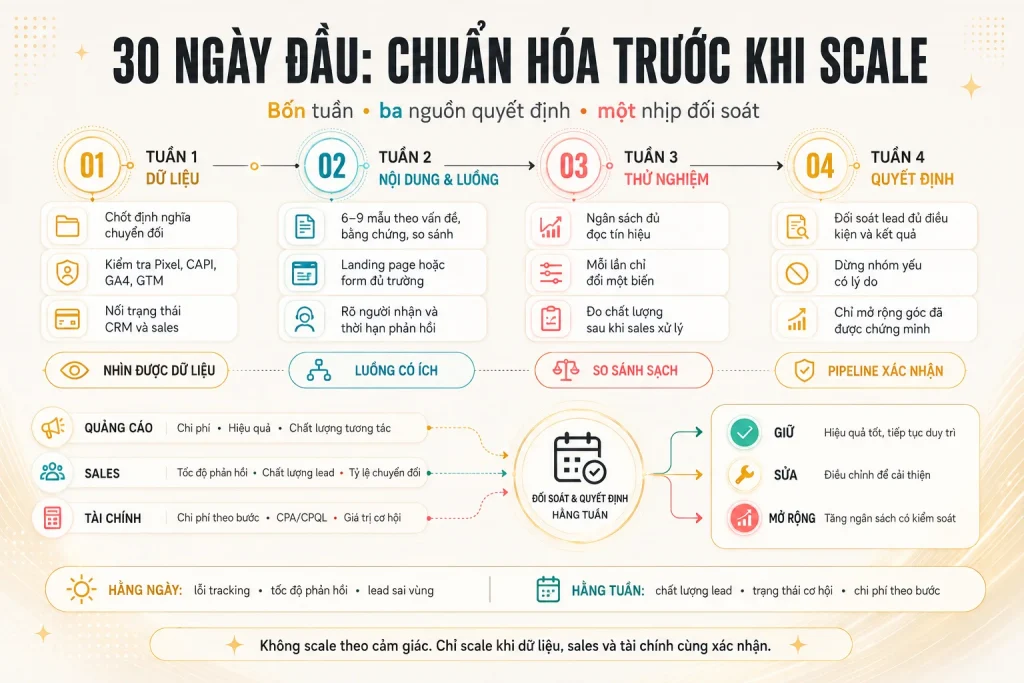 Lộ trình bốn tuần chuẩn hóa dữ liệu, nội dung, thử nghiệm và quyết định cùng ba nguồn quảng cáo, sales, tài chính và các cổng kiểm soát