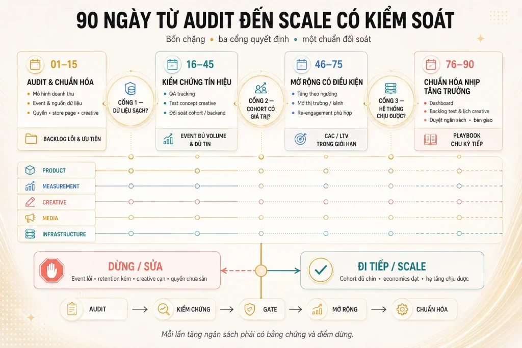 Bốn chặng audit, kiểm chứng tín hiệu, mở rộng có điều kiện và chuẩn hóa với ba cổng dữ liệu, cohort và năng lực hệ thống