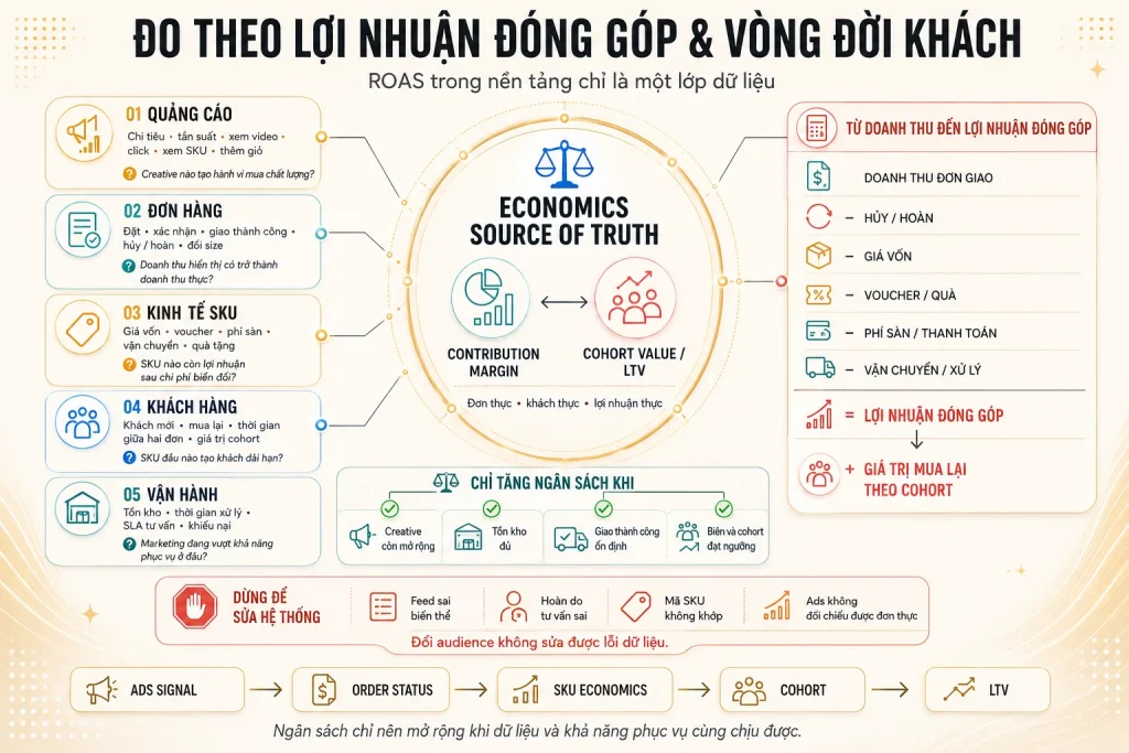 Năm lớp dữ liệu quảng cáo, đơn hàng, kinh tế SKU, khách hàng và vận hành nối đến contribution margin và cohort LTV