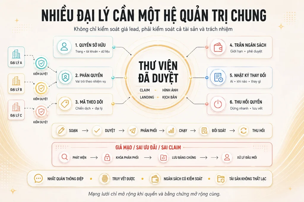 Hệ quản trị chung cho nhiều đại lý gồm thư viện đã duyệt, quyền sở hữu, phân quyền, mã theo dõi, trần ngân sách, nhật ký và thu hồi quyền