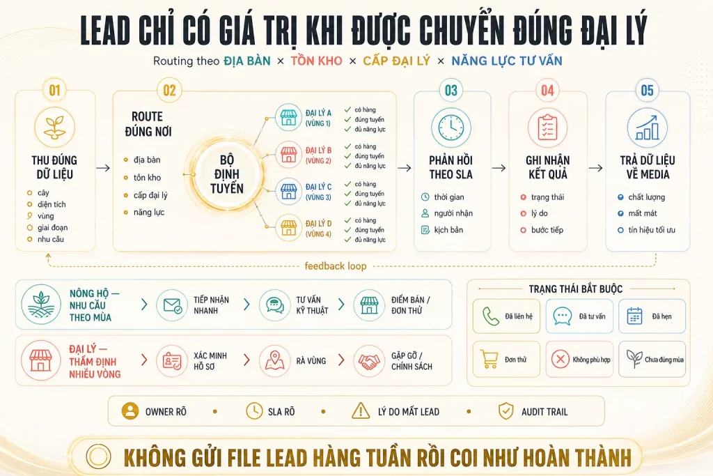 Quy trình thu dữ liệu, định tuyến theo địa bàn tồn kho cấp đại lý năng lực, phản hồi SLA, ghi trạng thái và trả dữ liệu về media