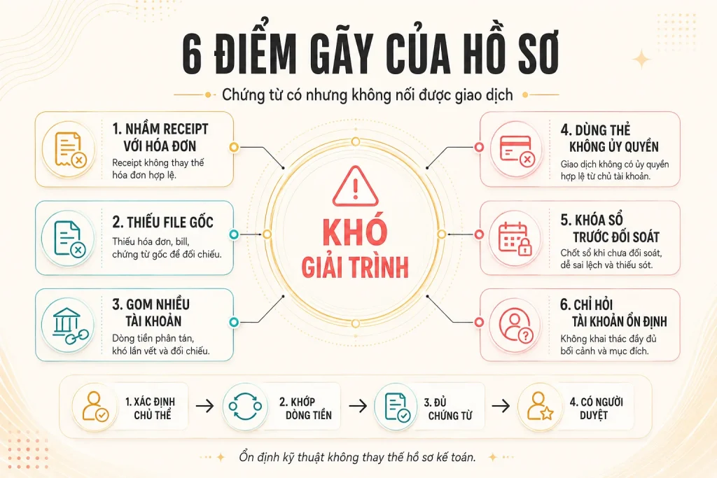 Sáu rủi ro hồ sơ gồm nhầm receipt với hóa đơn, thiếu file gốc, gom tài khoản, dùng thẻ không ủy quyền, khóa sổ sớm và chỉ hỏi độ ổn định