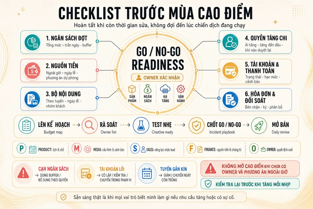 Sáu hạng mục sẵn sàng về ngân sách, nguồn tiền, nội dung, quyền tăng chi, tài khoản thanh toán và hóa đơn đối soát