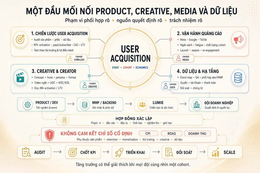 Bốn phạm vi chiến lược, vận hành quảng cáo, creative creator, dữ liệu hạ tầng cùng handoff giữa product dev, MMP backend, Lumie và doanh nghiệp