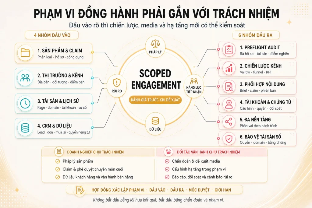 Bốn nhóm đầu vào, sáu nhóm đầu ra, bốn cổng quyết định và ma trận trách nhiệm giữa doanh nghiệp với đối tác vận hành