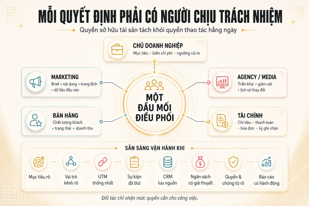 Sơ đồ trách nhiệm của chủ doanh nghiệp marketing agency bán hàng tài chính cùng tám điều kiện sẵn sàng vận hành