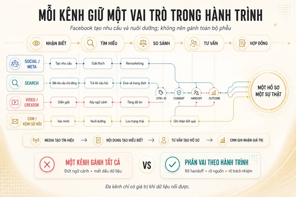Bản đồ vai trò social, search, video creator và CRM từ nhận biết, tìm hiểu, so sánh, tư vấn đến hợp đồng
