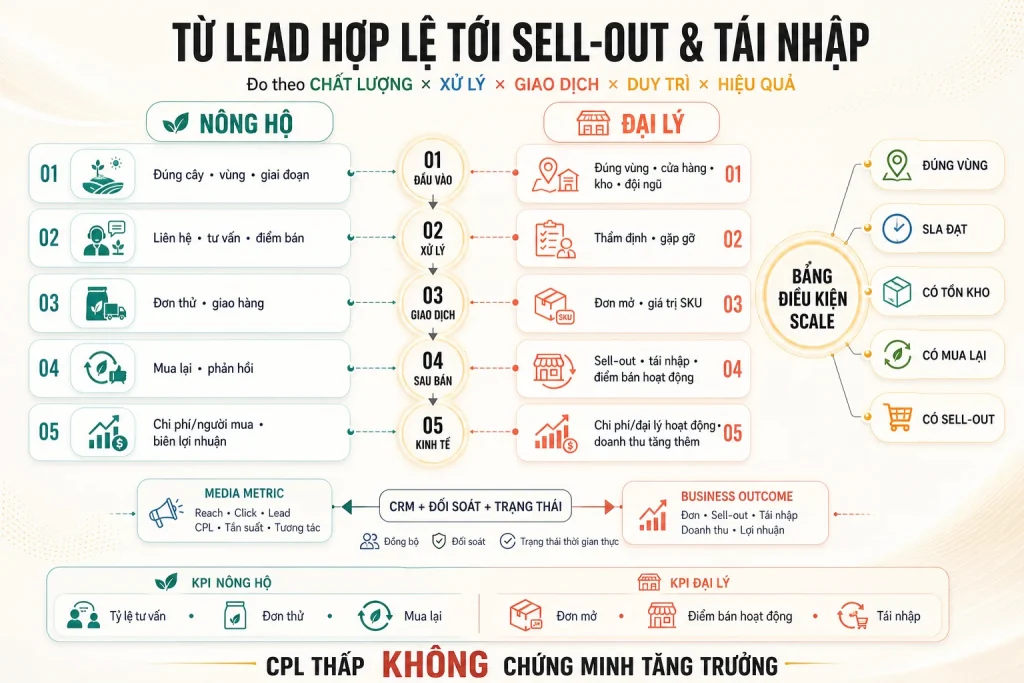 Hai chuỗi đo lường nông hộ và đại lý qua đầu vào, xử lý, giao dịch, sau bán, kinh tế cùng bảng điều kiện scale