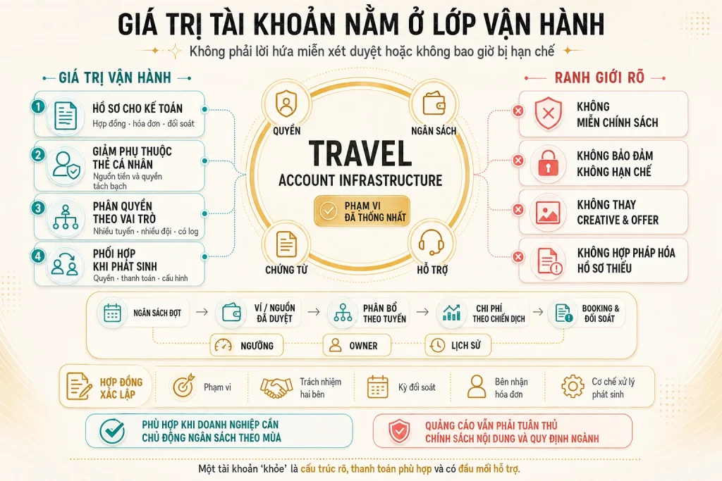 Bốn giá trị vận hành, bốn ranh giới, dòng ngân sách theo tuyến và các điều khoản phạm vi trong hợp đồng dịch vụ
