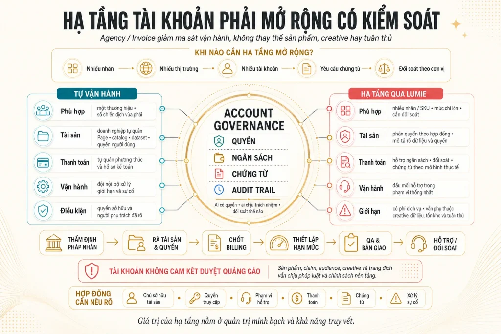 So sánh tự vận hành và hạ tầng qua Lumie theo quyền, tài sản, thanh toán, vận hành, giới hạn và quy trình onboarding