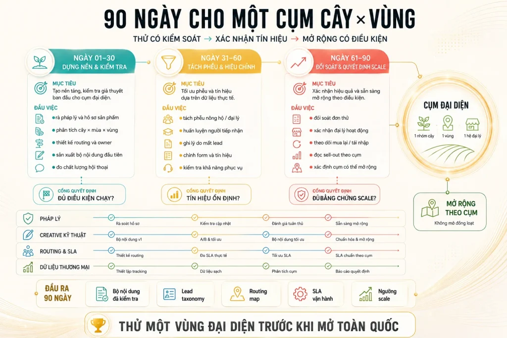 Lộ trình ba giai đoạn dựng nền kiểm tra, tách phễu hiệu chỉnh, đối soát quyết định scale với bốn lane vận hành và năm đầu ra