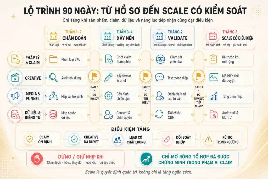 Lộ trình bốn giai đoạn, bốn luồng công việc và ba cổng quyết định để scale quảng cáo ngành sức khỏe có kiểm soát