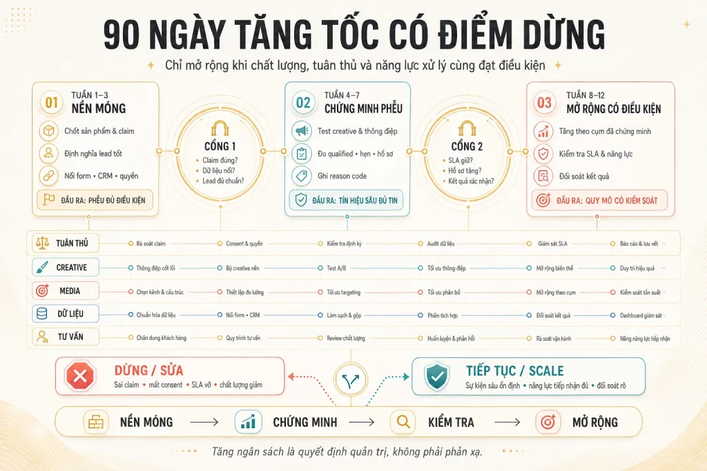 Ba giai đoạn nền móng, chứng minh phễu và mở rộng có điều kiện với hai cổng kiểm tra và năm luồng công việc