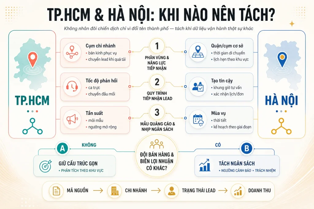 Sơ đồ quyết định tách TP.HCM và Hà Nội theo phân vùng, quy trình nhận lead, mẫu quảng cáo, đội bán hàng và biên lợi nhuận