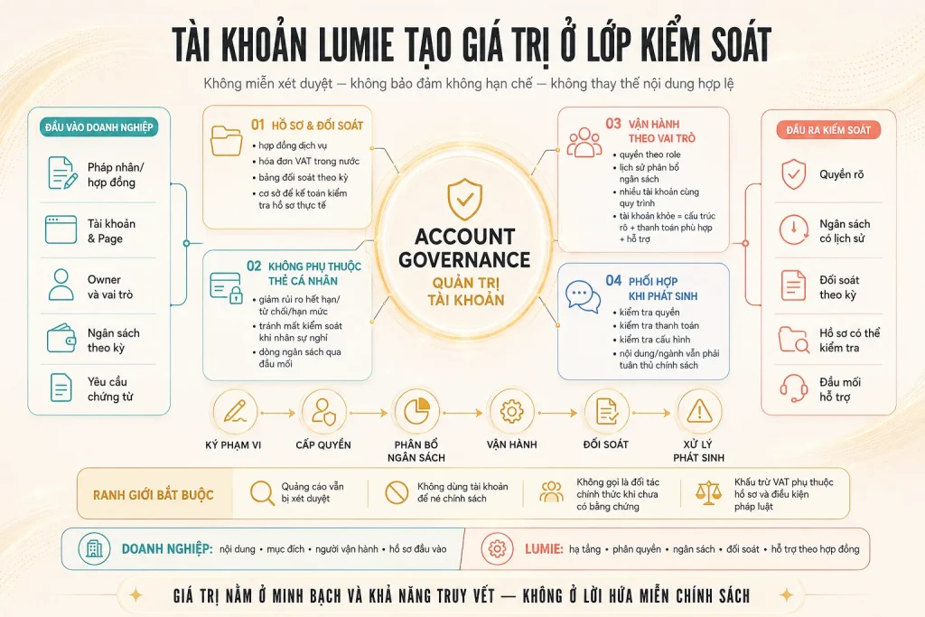 Bốn trụ hồ sơ đối soát, giảm phụ thuộc thẻ cá nhân, vận hành theo vai trò và phối hợp phát sinh cùng ranh giới chính sách