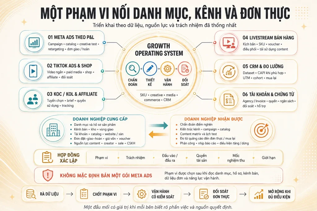 Sáu phạm vi Meta Ads, TikTok Shop, creator, livestream, CRM, tài khoản chứng từ cùng đầu vào đầu ra và hợp đồng