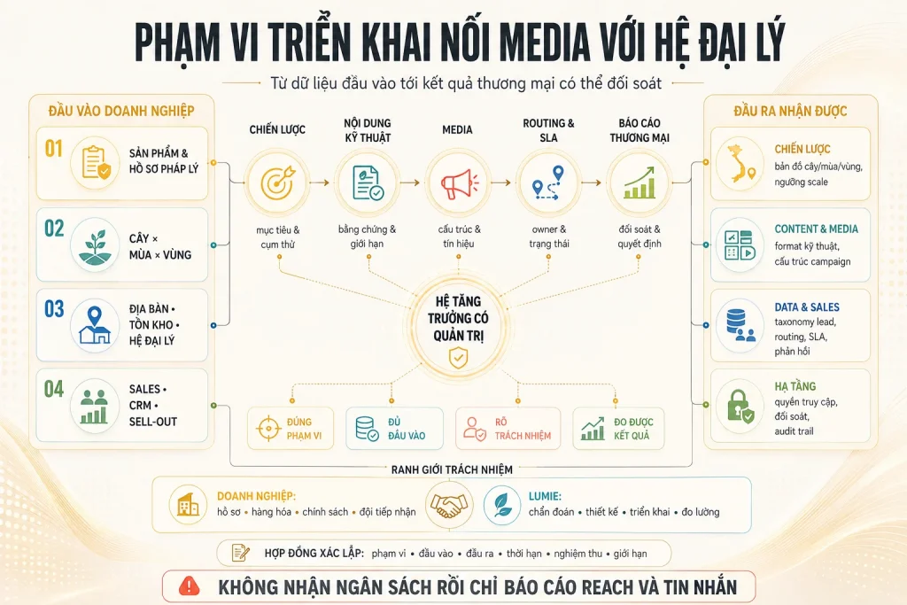 Phạm vi triển khai nối đầu vào doanh nghiệp, chiến lược, nội dung kỹ thuật, media, routing SLA, báo cáo thương mại và đầu ra quản trị