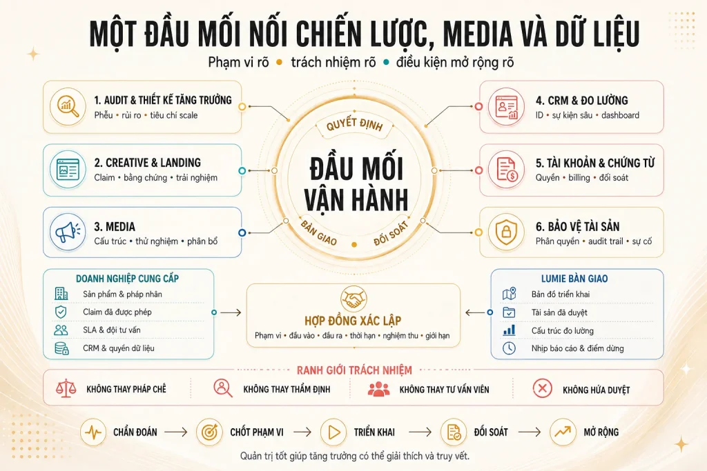 Sáu phạm vi từ audit, creative, media, CRM, tài khoản chứng từ đến bảo vệ tài sản cùng đầu vào, đầu ra, hợp đồng và ranh giới trách nhiệm