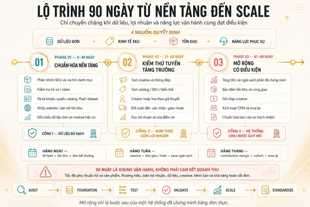 Ba chặng chuẩn hóa nền tảng, kiểm thử tuyến tăng trưởng và mở rộng có điều kiện cùng ba cổng dữ liệu, lợi nhuận và quy mô