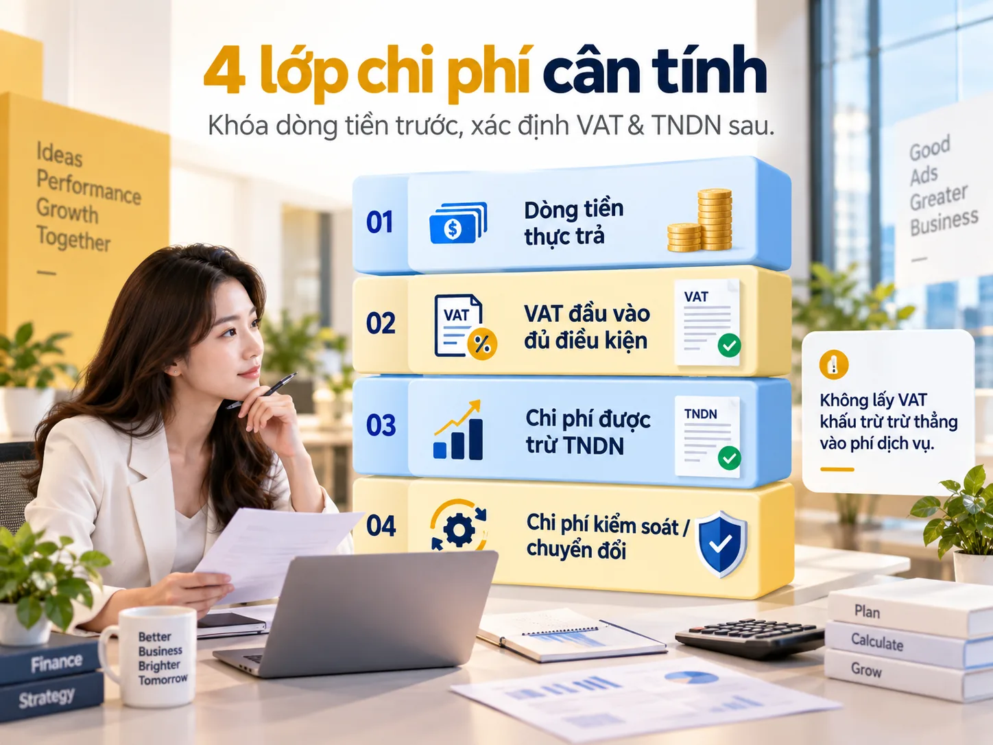 Bốn lớp chi phí gồm dòng tiền VAT thuế TNDN và chi phí kiểm soát