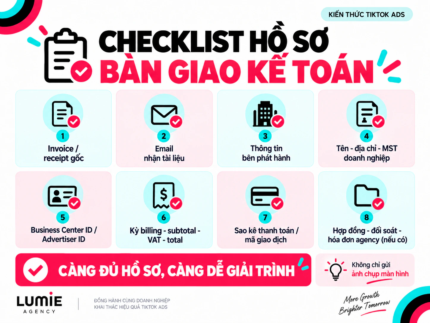 Checklist hồ sơ TikTok Ads bàn giao cho bộ phận kế toán
