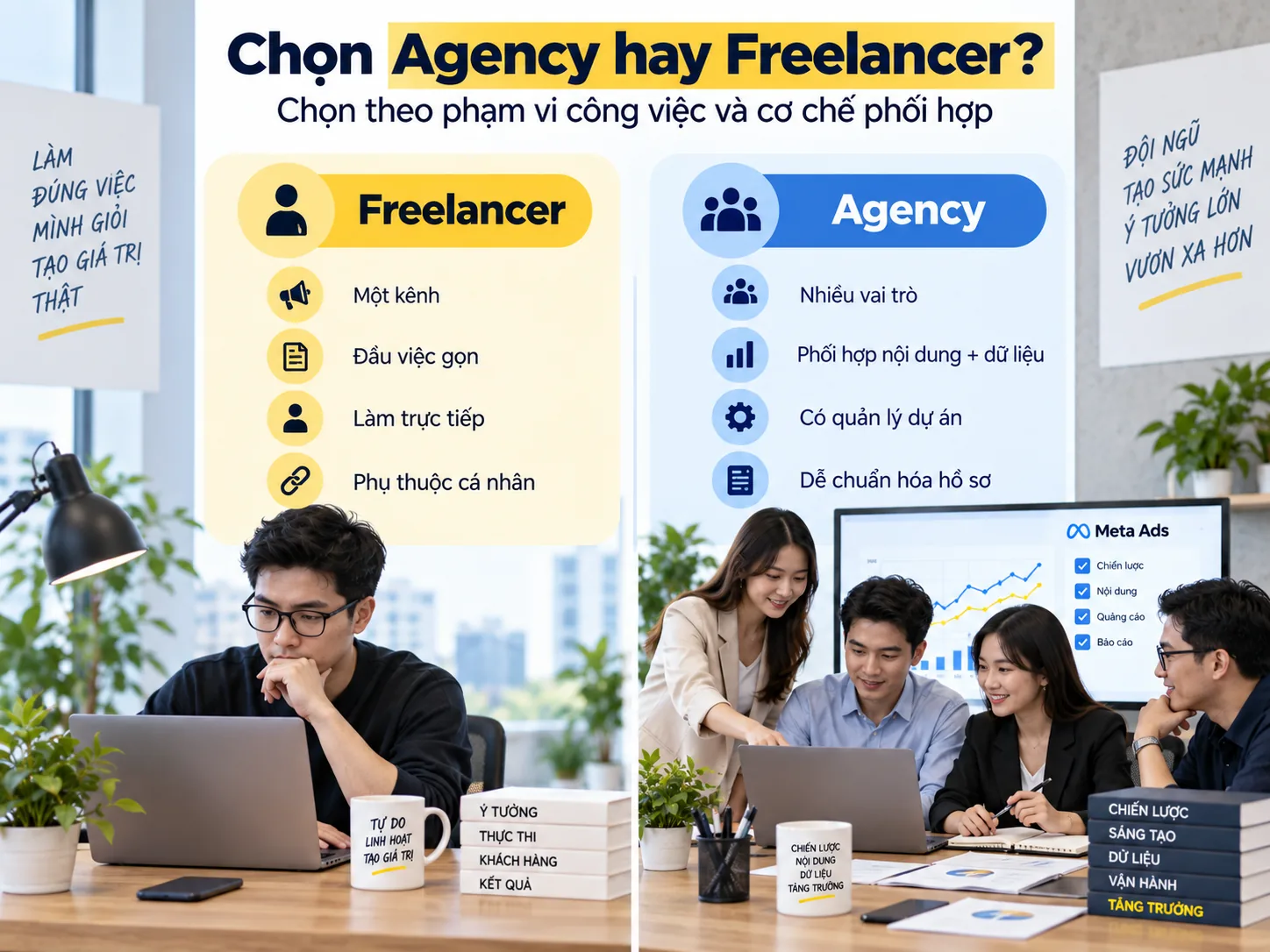 So sánh phạm vi làm việc của Agency và Freelancer quảng cáo